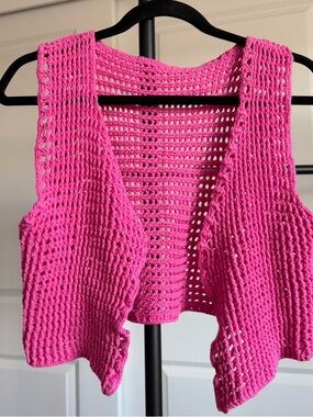 Bright Pink Crocheted Open Front Vest